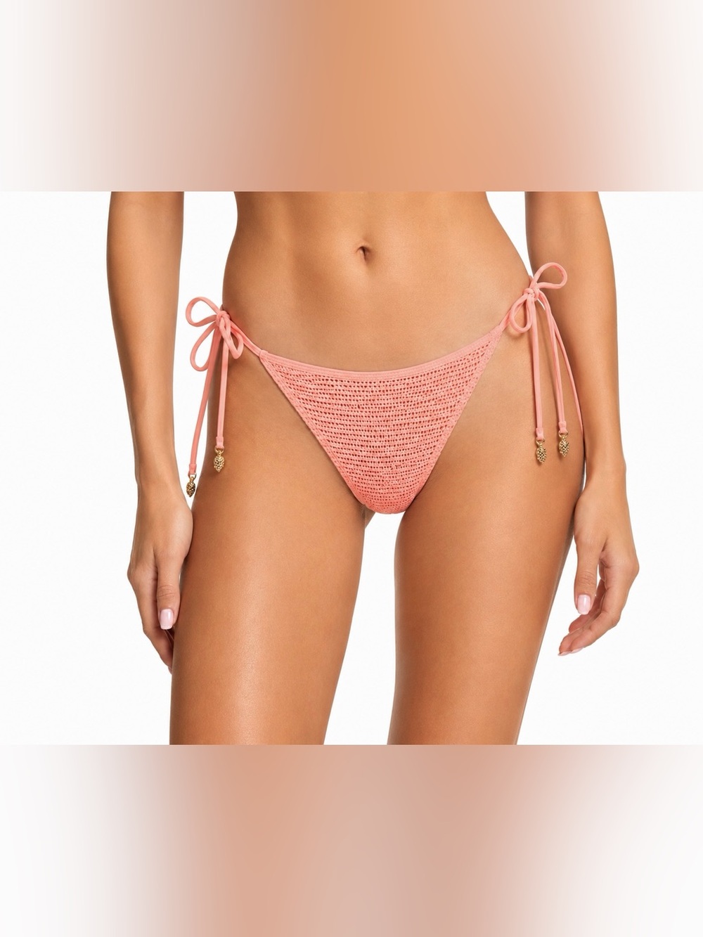 VICTORIA’S SECRET Crochet Coral Side-Tie Bikini Bottoms w/Gold Shell Charms NWTs